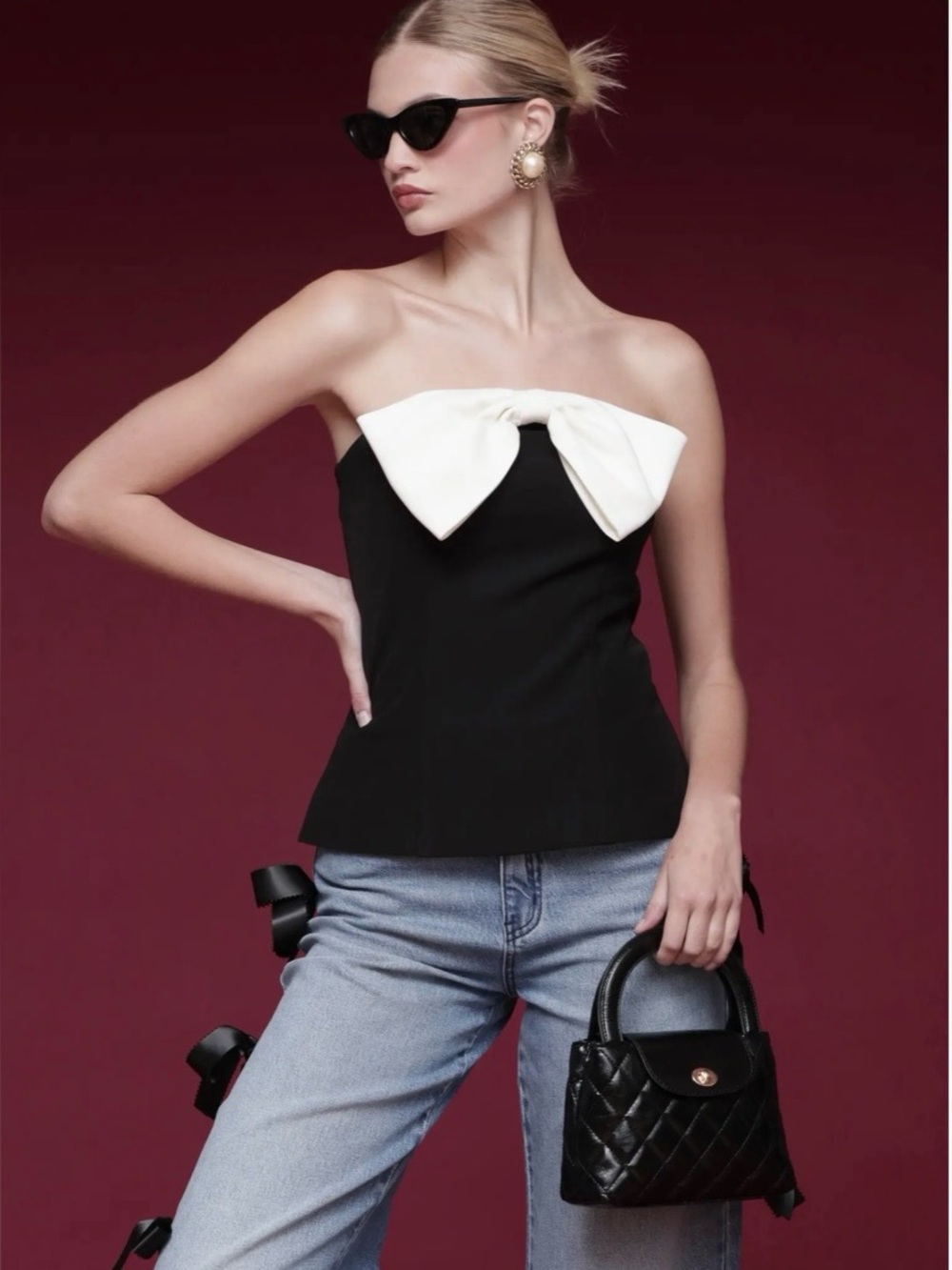 Avec Les Filles Women’s Contrast White Bow Strapless Black Top NWT size 6